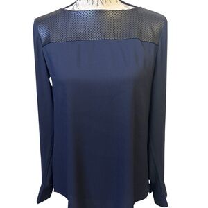 Ann Taylor Long Sleeve Faux Leather Yoke Navy Blue Women's Top Size S